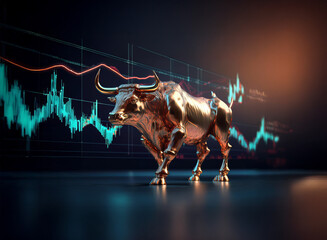 Aufkleber - A golden bull, symbol of financial prosperity, stands majestically before a dynamic stock market chart, representing growth and investment success.