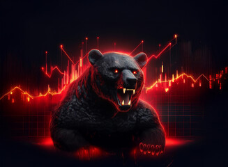 Leinwandbilder - A snarling black bear dominates the foreground, bathed in ominous red light, set against a backdrop of falling stock market charts.  The image symbolizes financial downturn and market bearishness.