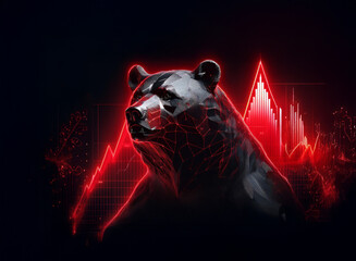 Leinwandbilder - A stylized black bear, rendered in a low-poly aesthetic, stands against a backdrop of red, downward-trending stock market graphs.  The image evokes a sense of financial decline or bearish market trend
