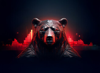Aufkleber - A low-poly bear, rendered in dark tones, is prominently featured against a backdrop of vibrant red data graphs suggesting market trends and financial analysis.