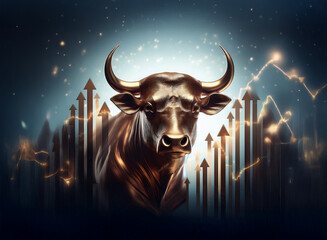 Poster - A bronze bull statue stands majestically, set against a backdrop of glowing upward-pointing arrows, symbolizing financial growth and prosperity.  Sparkling particles add to the image's dynamic energy.