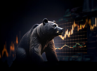 Poster - A dark brown bear, seemingly sculpted from stone, sits before a glowing stock market chart showing a downward trend.  The scene evokes a sense of financial downturn and bearish market conditions.
