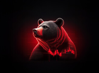Aufkleber - A stylized black bear, illuminated by red light, is depicted against a dark background.  A red candlestick chart is subtly integrated into its body, suggesting market decline.