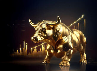 Leinwandbilder - A powerful golden bull statue stands against a dark background,  illuminated by a rising financial graph, symbolizing growth and prosperity in the market.