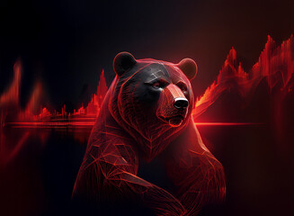 Aufkleber - Fierce digital bear, rendered in dark red and black, sits amidst a fiery, abstract landscape suggestive of a financial graph.  Its polygonal form glows with inner light.