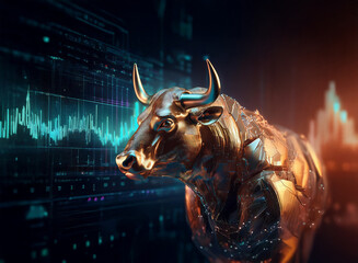 Aufkleber - A golden bull statue stands against a backdrop of dynamic financial charts, symbolizing market strength and bullish trends.  The image evokes prosperity and investment growth.