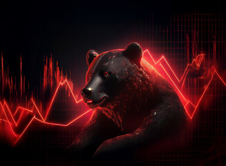 Aufkleber - A digital rendering of a black bear, illuminated by red, downward-trending stock market graph lines.  Symbolizing financial decline and bearish market.