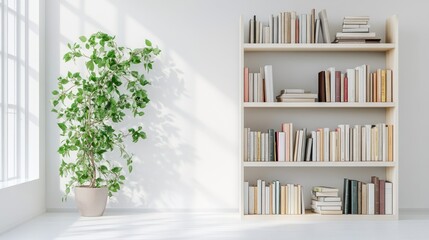 Wall Mural - Bookshelf, plant, sunlight, minimalist room.