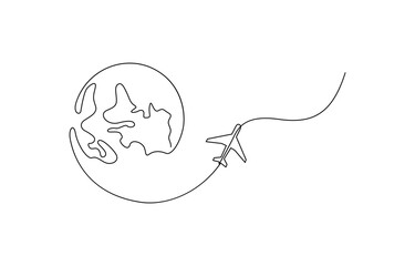 Aufkleber - One line drawing of an airplane circling the Earth symbolizing global travel in a simple style, Line drawing of globe with airplane. Airline travel and flights.