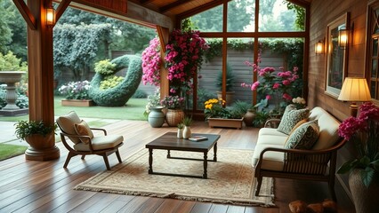 Wall Mural - A villa floor is wooden texture a cozy space integrated with the garden beautiful flowers seating arrangements 