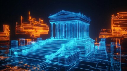 Poster - Futuristic wireframe greek temple emerging from digital circuitry