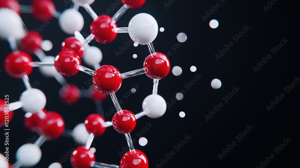 Molecule structure with red and white spheres representing atoms in 3d ...