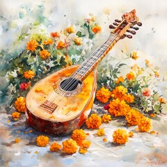 Poster - Vasant panchami watercolor background with veena and flowers