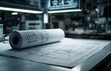 Poster - Detailed Architectural Blueprint on a Desk with Soft Lighting in a Modern Workspace Environment, Showcasing Precision Planning and Design Concepts for Building Projects