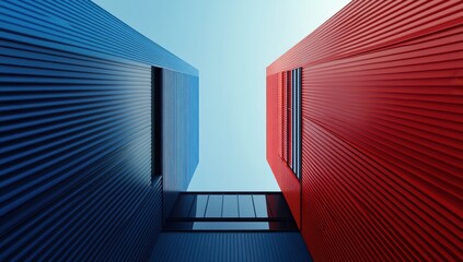Aufkleber - Futuristic Architectural Design with Blue and Red Facades Against a Clear Sky Showcasing Modernism and Vibrant Urban Aesthetics from a Unique Perspective