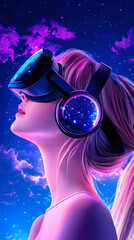 Aufkleber - Virtual reality experience cosmic dreamscape digital art neon environment side view immersion concept