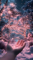 Poster - Enchanting winter path with glowing lights snowy forest landscape photography magical night hand perspective
