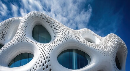 Poster - Modern Architectural Design Featuring Organic Shapes and Intricate Patterns, Showcasing Innovative Structure Against a Bright Blue Sky With Wispy Clouds
