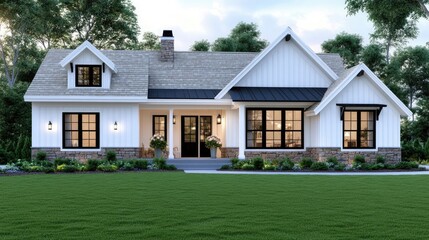 Wall Mural - This modern cottage features a stone exterior, black windows, and a spacious front yard with vibrant green grass, embodying the farmhouse aesthetic near Lake Michigan