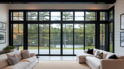 Wall Mural - This modern lakehouse interior boasts bright white shiplap walls and large black windows that fill the space with natural light, enhanced by a stylish fireplace and forest views.