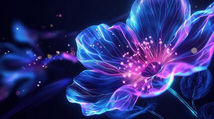digital neon flower. futuristic wireframe glowing blossom on black background. abstract cyber hologr