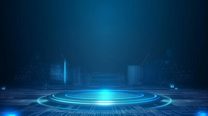 Poster - Abstract futuristic blue background featuring glowing digital technology and circuit board design. High-tech circular hologram elements on a dark blue background, perfect for business, innovation, and