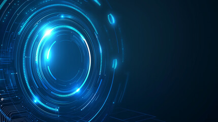 Poster - Abstract futuristic blue background featuring glowing digital technology and circuit board design. High-tech circular hologram elements on a dark blue background, perfect for business, innovation, and