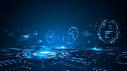 Poster - Abstract futuristic blue background featuring glowing digital technology and circuit board design. High-tech circular hologram elements on a dark blue background, perfect for business, innovation, and