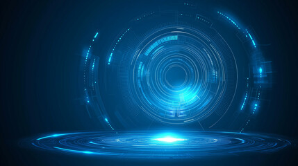 Poster - Abstract futuristic blue background featuring glowing digital technology and circuit board design. High-tech circular hologram elements on a dark blue background, perfect for business, innovation, and