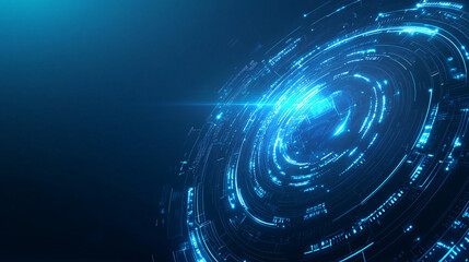 Poster - Abstract futuristic blue background featuring glowing digital technology and circuit board design. High-tech circular hologram elements on a dark blue background, perfect for business, innovation, and