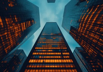 Poster - Captivating View of Urban Skyscrapers with Glowing Windows Against an Overcast Sky: A Stunning Perspective of City Architecture