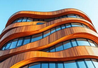 Poster - Modern Architectural Design with Wavy Wood and Glass Facade, Captivating Urban Building with Unique Curved Structure and Bright Blue Sky in Background