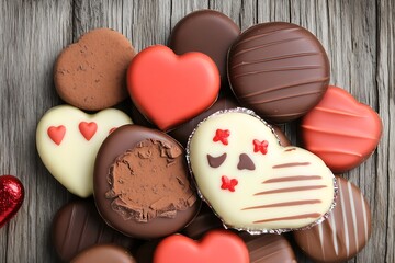 Wall Mural - Assorted heart-shaped and round chocolates on wood.