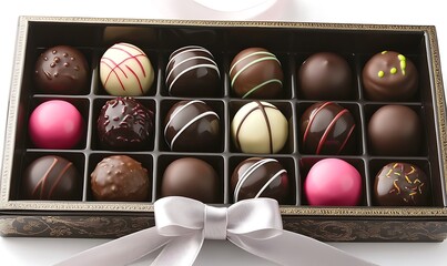 Wall Mural - Assorted gourmet chocolates in an elegant box tied with a ribbon.