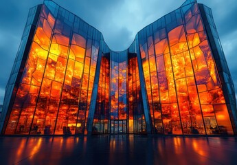 Poster - Stunning Modern Architecture with Vibrant Reflections at Sunset Capturing Dramatic Colors on Glass Facade of Innovative Building Surrounded by Overcast Skies