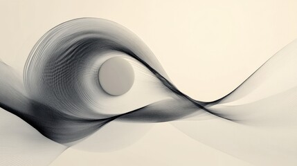 Poster - An abstract image featuring flowing curves and a central sphere, creating a sense of motion and fluidity against a soft background.