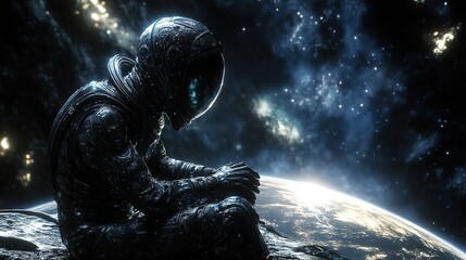 Wall Mural - astronaut meditating in space earth view digital art cosmic environment thoughtful perspective explo