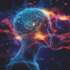 Fototapete - Exploring neural connections abstract visualization digital art cosmic environment side view consciousness concept
