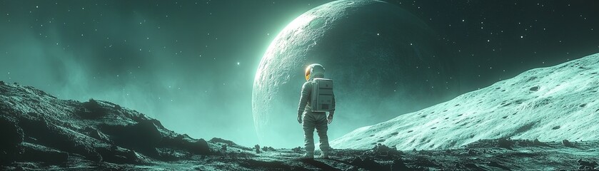 Wall Mural - astronaut standing on moon space exploration digital art cosmic landscape distant viewpoint adventur