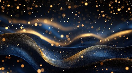 Poster - Dynamic golden particles dance over dark waves abstract art digital background elegant atmosphere