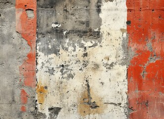 Poster - Abstract Texture of an Old, Weathered Concrete Wall with Peeling Paint, Vibrant Red, Yellow, and White Sections Creating a Unique Urban Backdrop for Creative Projects