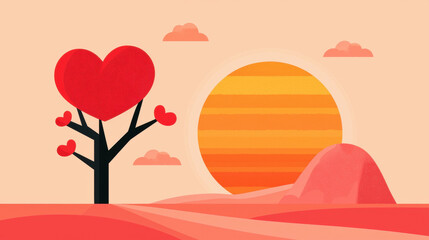 Poster - Heart shaped, A whimsical illustration of a heart-shaped tree against a vibrant sunset, set in a colorful landscape with soft clouds and rolling hills.