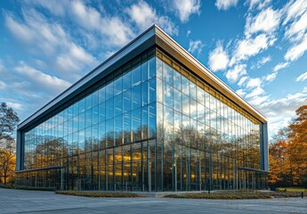Poster - Modern Glass Architecture with Reflective Facade Surrounded by Autumn Trees and Dramatic Sky Aesthetic in a Contemporary Urban Setting