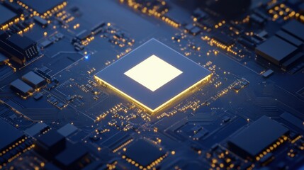 Poster - Close-up view of a futuristic microchip surrounded by circuit board elements in a technological setting