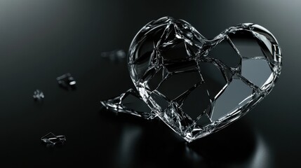 Wall Mural - Shattered Glass Heart on Dark Background with Reflection and Fragments