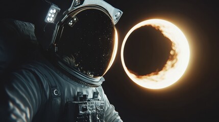 Wall Mural - Astronaut in Space Near Bright Celestial Body Against Dark Background