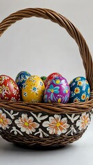 Wall Mural - Colorful handpainted easter eggs nestled in a floral basket display