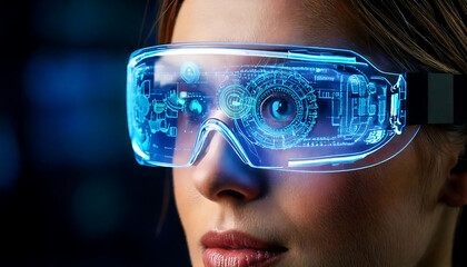 Poster - Close-up of a woman wearing futuristic glasses with a holographic display.  Perfect for tech, innovation, AR/VR, and science fiction concepts.  