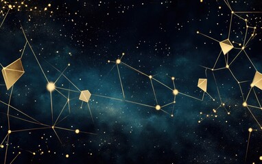 Poster - Abstract Golden Constellations on a Dark Blue Starry Galaxy Background.