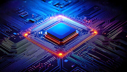 Poster - Stunning close-up of a computer processor on a circuit board, illuminated with vibrant blue and orange hues.  Perfect for tech, engineering, and AI concepts.